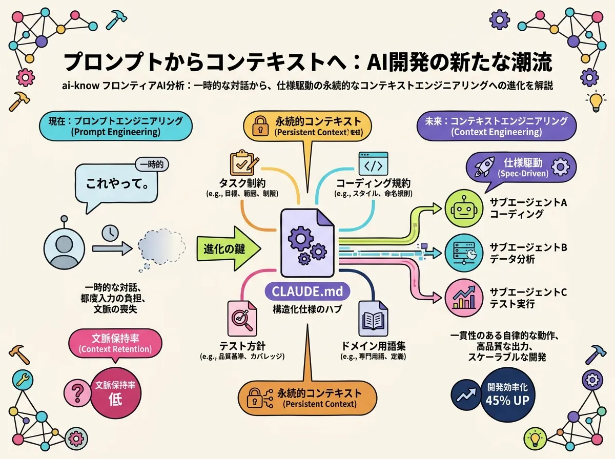 コンテキストエンジニアリングの模式図：CLAUDE.md を中心としたスペック駆動開発ハブが複数のサブエージェントへ指示を伝播するフロー。「1 ファイルで継続的な文脈」を示す